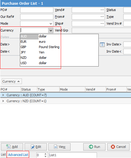 PO list by currency