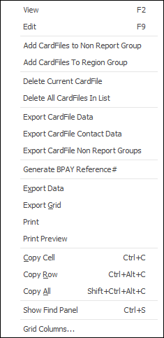 right click cardfile options