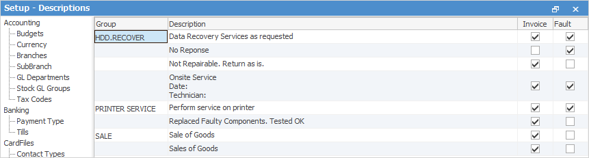 setup descriptions