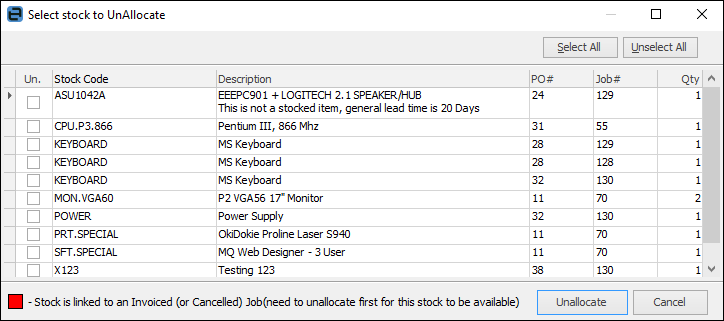 select unallocate stock