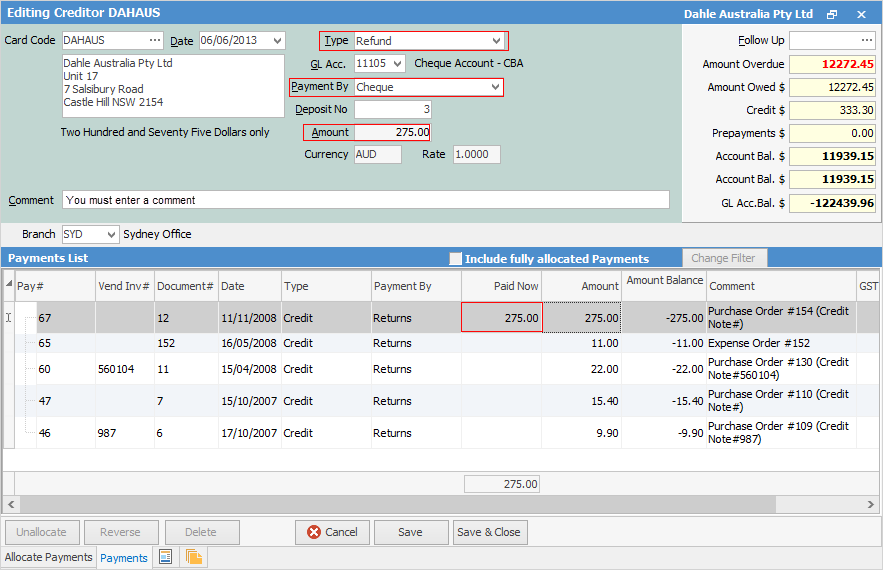 creditor return