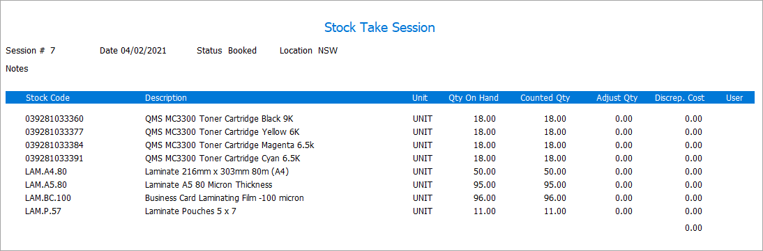 StocktakeSessionReport