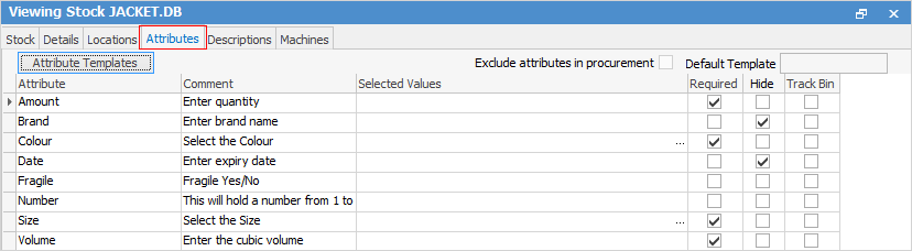 attributes tab on stock