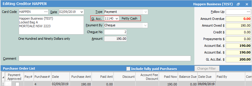 pay petty cash by cr