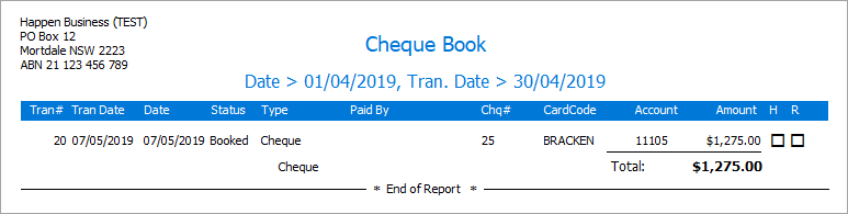 cheque book report