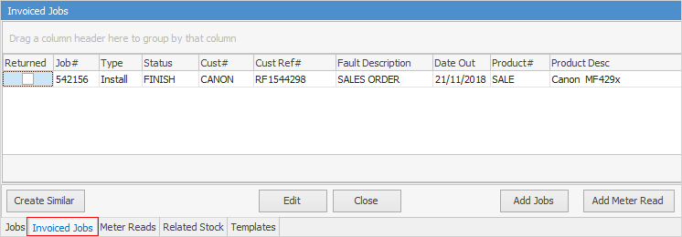 invoiced jobs tab