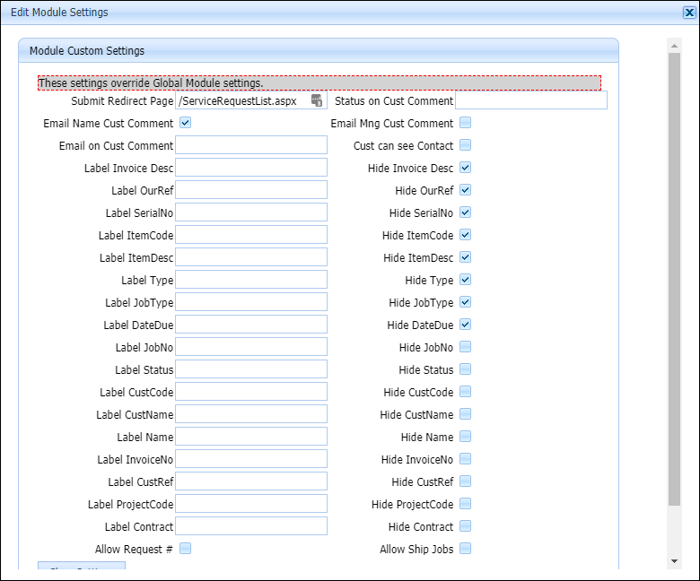 service request module settings