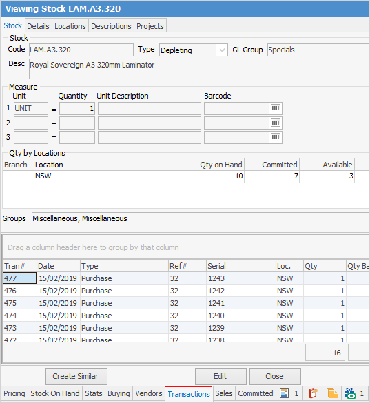 stock transactions tab