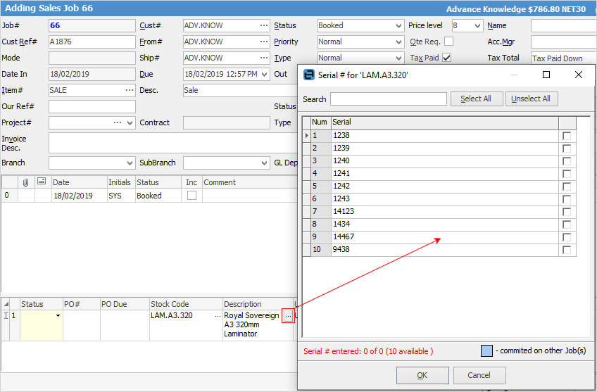 serial no stock on job