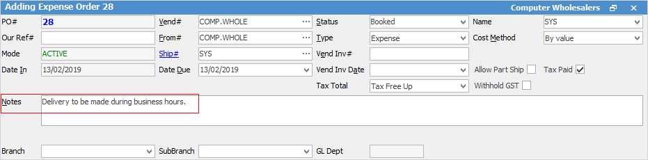 notes in epo header