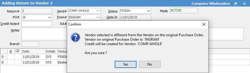 OBPO changed vendor on RTV