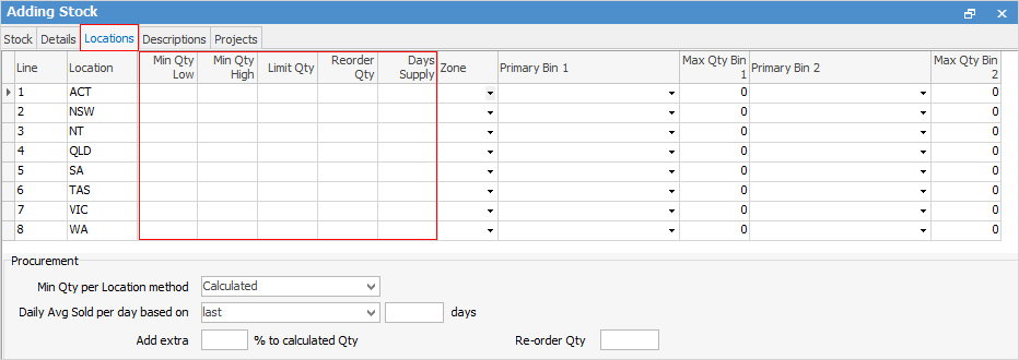 stock locations tab