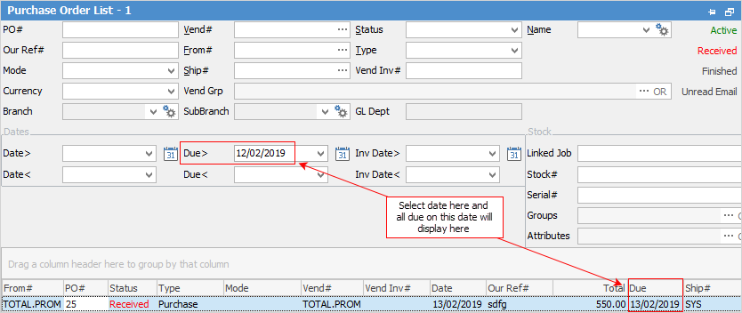PO list due date