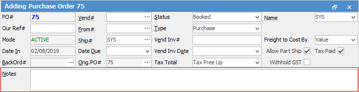 po notes field