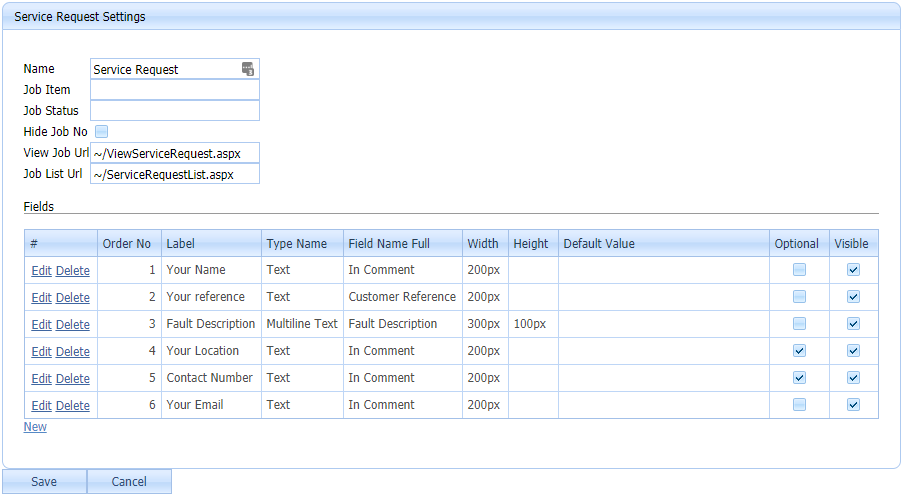 service request settings