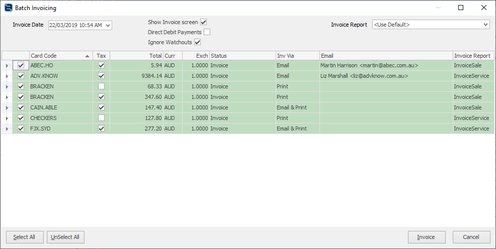 batch invoice meter list