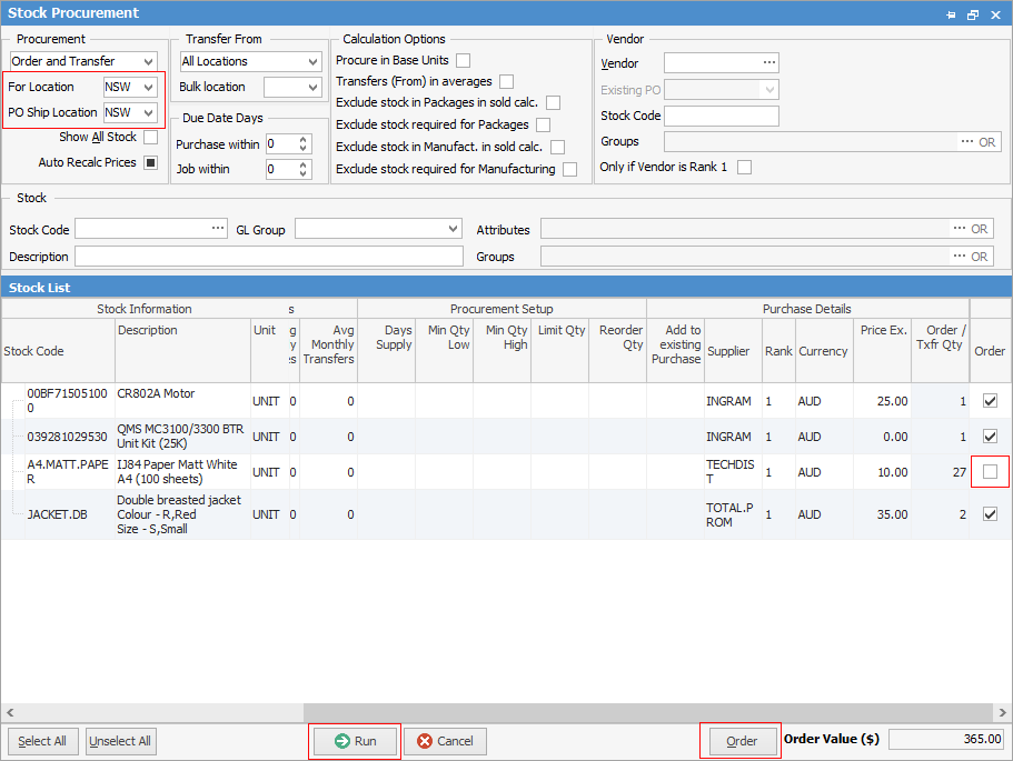 stock procurement screen