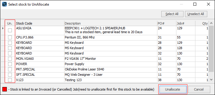 select unallocate stock