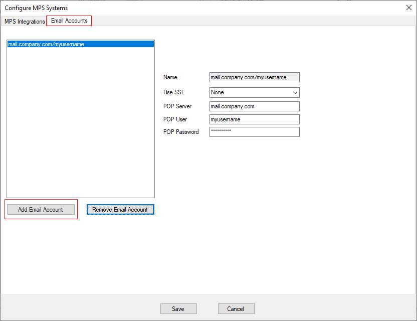 MPS connectors email accounts