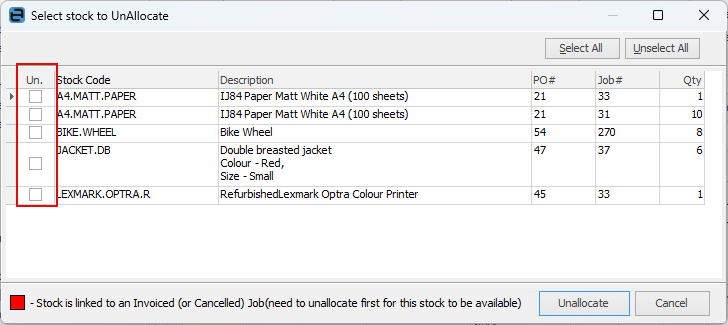 SelectUnallocateStock
