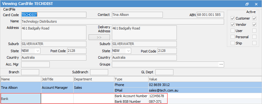 confirm bank on cardfile