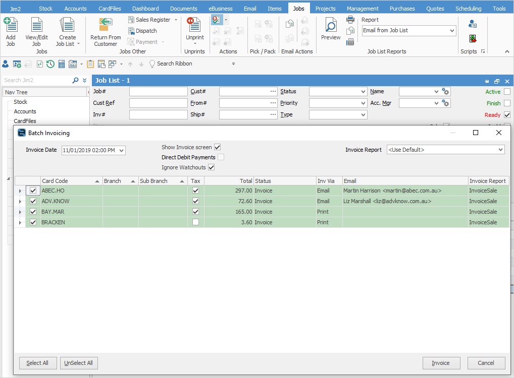 job list batch invoice