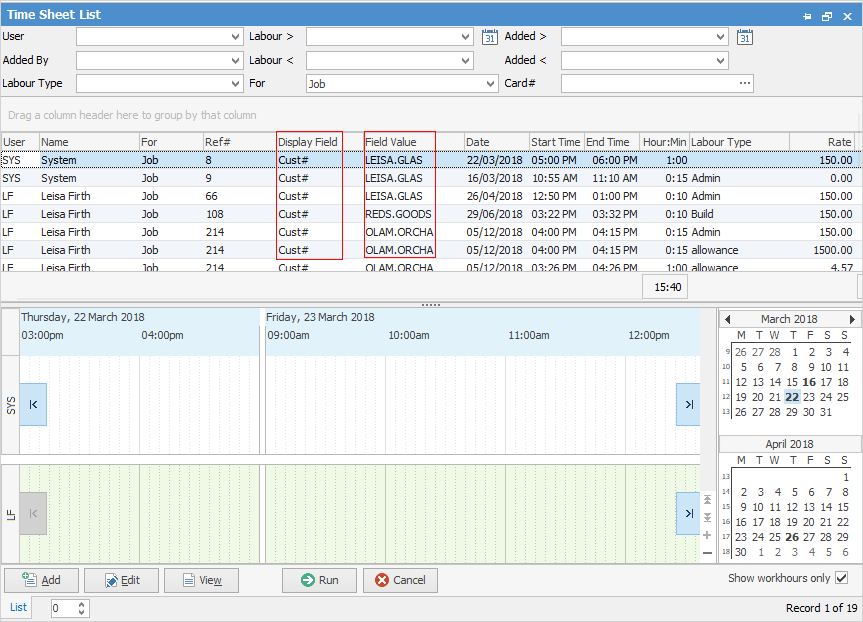 time sheet list reults