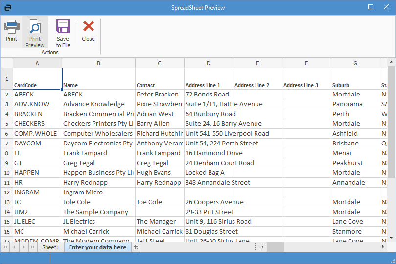 Cardfile export preview