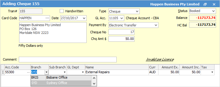 cheque by branch